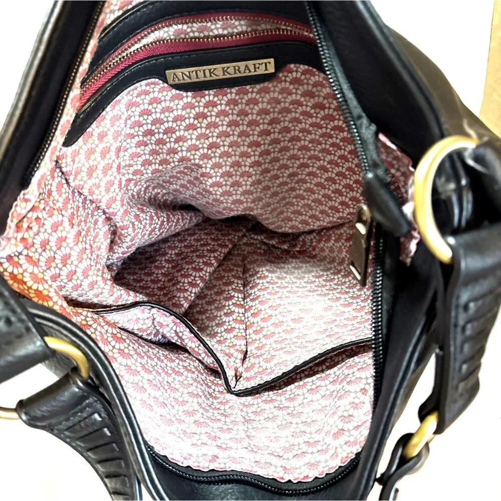 Antik Kraft Black Faux Leather Shoulder Bag With Gold-Tone Accents & Pink Patter
